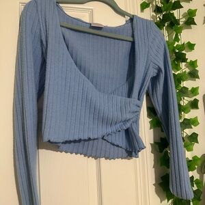 Urban Outfitters Blue Ribbed 3/4 Sleeve Crop Blouse